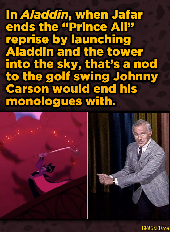 Movies With Sneaky Shout-Outs To Other Movies - In Aladdin, when Jafar ends the Prince Ali reprise by launching Aladdin and the tower