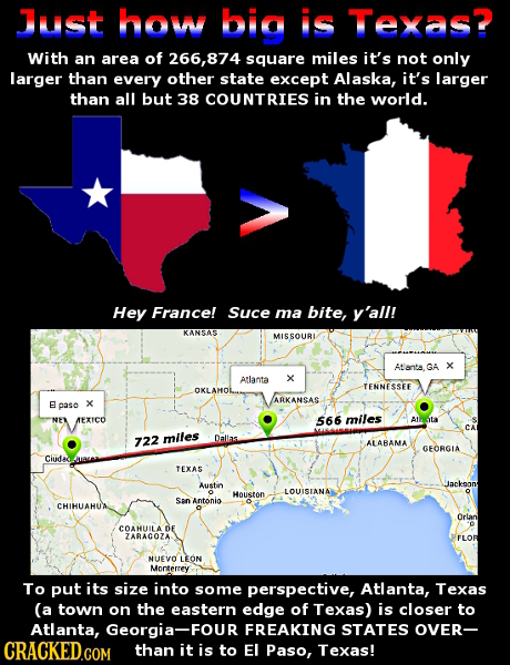 Just how big is Texas? With an area of 266,87 square miles it's not only larger than every other state except Alaska, it's larger than all but 38 COUN