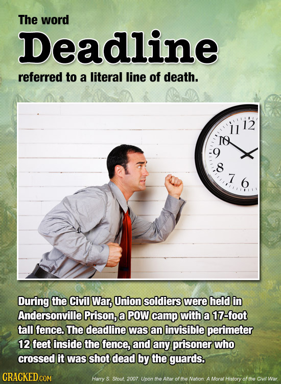 The word Deadline referred to a literal line of death. 12 11 IA 9 8 7 During the Civil War, Union soldiers were held in Andersonville Prison, a POW ca