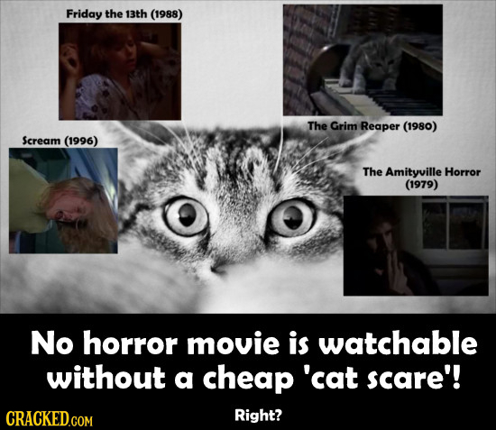 Friday the 13th (1988) The Grim Reaper (1980) Scream (1996) The Amityville Horror (1979) No horror movie is watchable without a cheap 'cat scare'! Rig