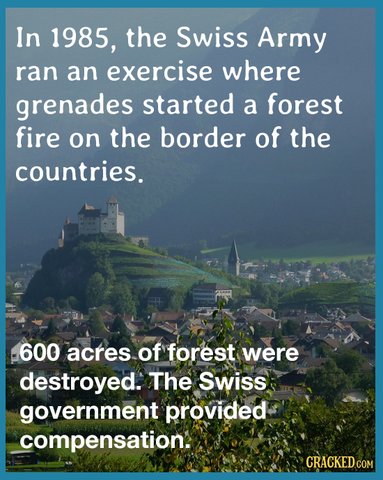 In 1985, the Swiss Army ran an exercise where grenades started a forest fire on the border of the countries. 600 acres of forest were destroyed. The S