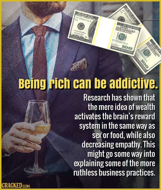Being rich can be addictive. - Research has shown that the mere idea of money activates the brain's reward system in the same way as sex or food, whil
