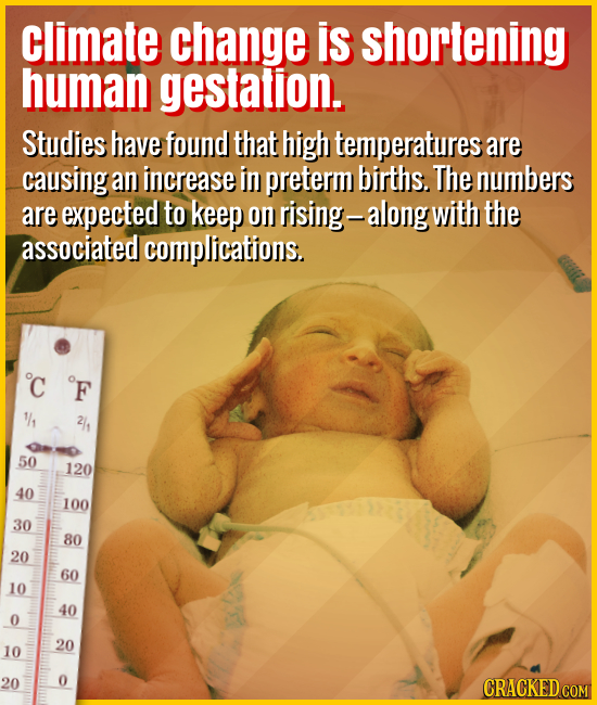 Climate change is shortening human gestation. - Studies have found that high temperatures are causing an increase in preterm births. The numbers are e