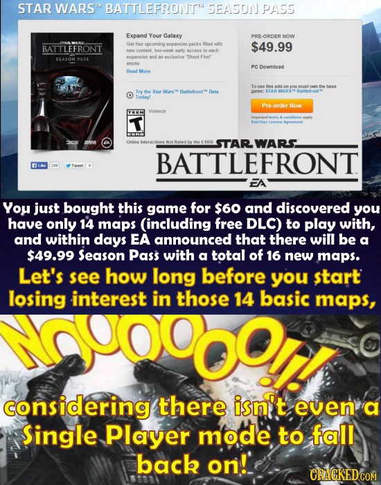 STAR WARS TH BATTLEFRONTTH SEA5ONPASS Expand Your Galaxy RE-ORDER NOW BATTLEFRONT Get four upcoring exrasion packs filnd we $49.99 new content twook e