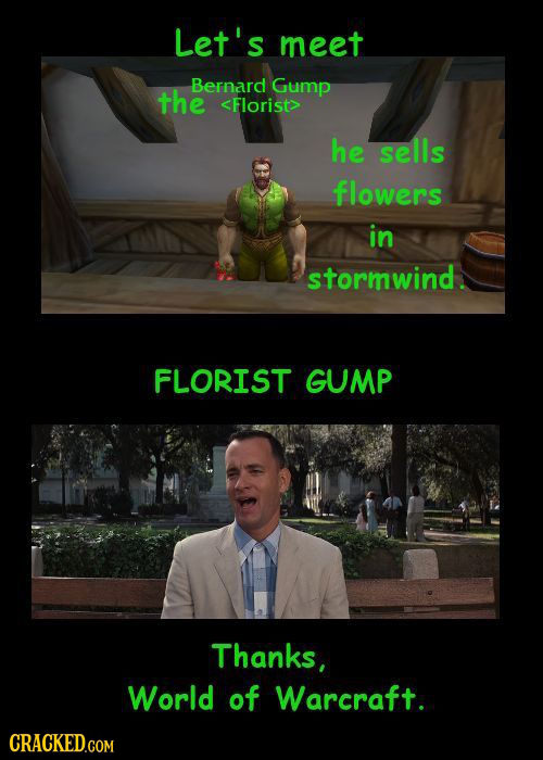 Let's meet Bernard Gump the <Florist> he sells flowers in stormwind. FLORIST GUMP Thanks, World of Warcraft. CRACKED.COM 