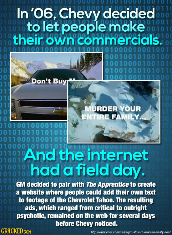 In '06, Chevy decided to let people make 01001 their own commercials 00010010100100 10010000100101 01001010101011 10001000101000 Don't Buy MURDER YOUR