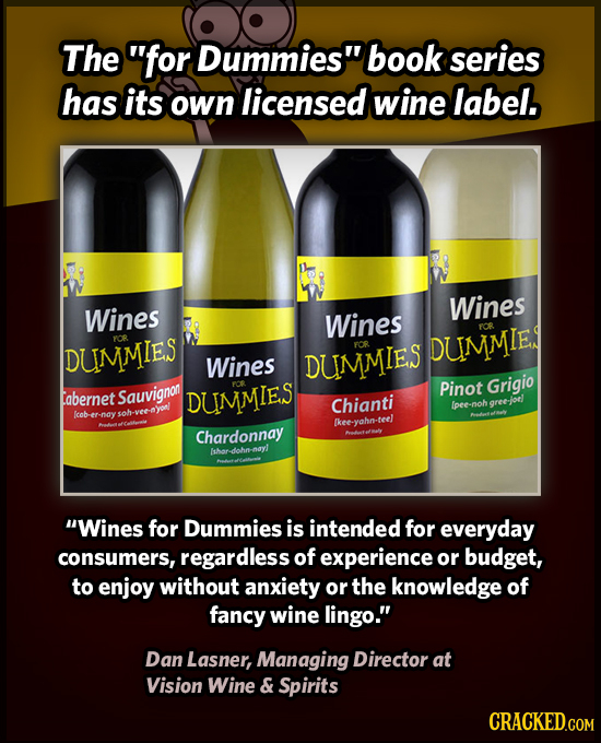 The for Dummies book series has its own licensed wine label. Wines Wines Wines YOR YOR DUMMIES YOR DUMMIES Wines DUMMIES Grigio Eabernet Sauvignon D