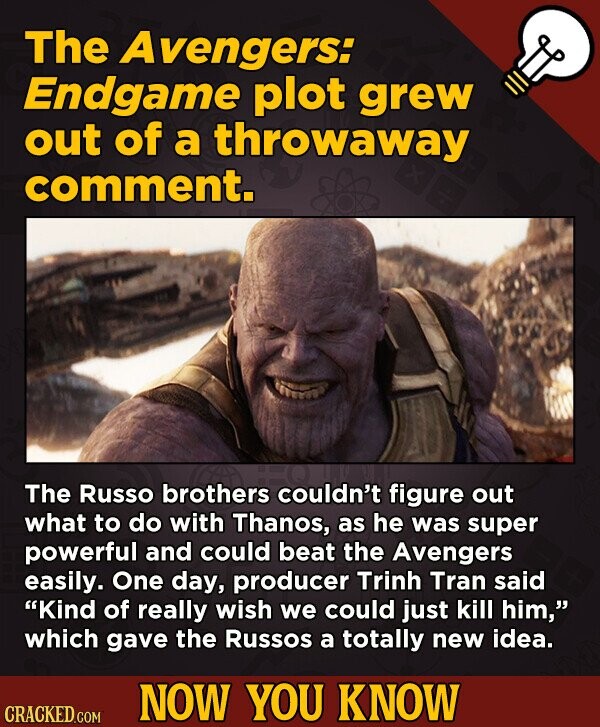 The Avengers: Endgame plot grew out of a throwaway comment. The Russo brothers couldn't figure out what to do with Thanos, as he was super powerful an