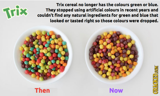Trix cereal no longer has the colours green or blue. Trix They stopped using artificial colours in recent years and couldn't find any natural ingredie