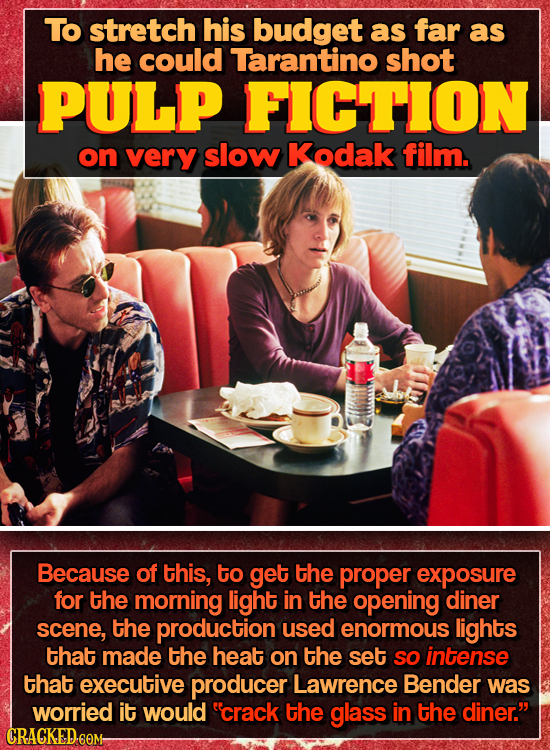 To stretch his budget as far as he could Tarantino shot PULP FICTION on very slow Kodak film. Because of this, to get the proper exposure for the morn