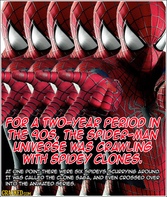 FOR A TWOBYEAR PERIOD IN THE 9OS THE SPIDEBMAN LNIVEBSE WAS CBAWLING WITH SPIDEY CLONES. AT ONE POINT THERE WERE SIX SPIDEYS SCuRRYING AROUND. IT WAS