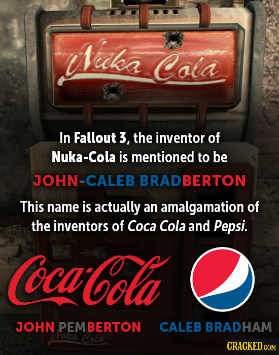 Iuka Cola In Fallout 3, the inventor of Nuka-Cola is mentioned to be JOHN-CALEB BRADBERTON This name is actually an amalgamation of the inventors of C