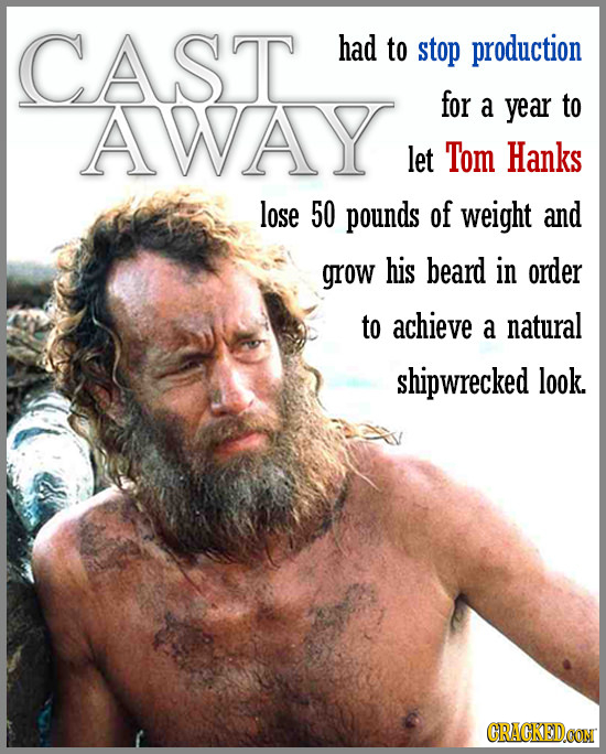 CAST had to stop production AWAY for a year to let Tom Hanks lose 50 pounds of weight and grow his beard in order to achieve a natural shipwrecked loo