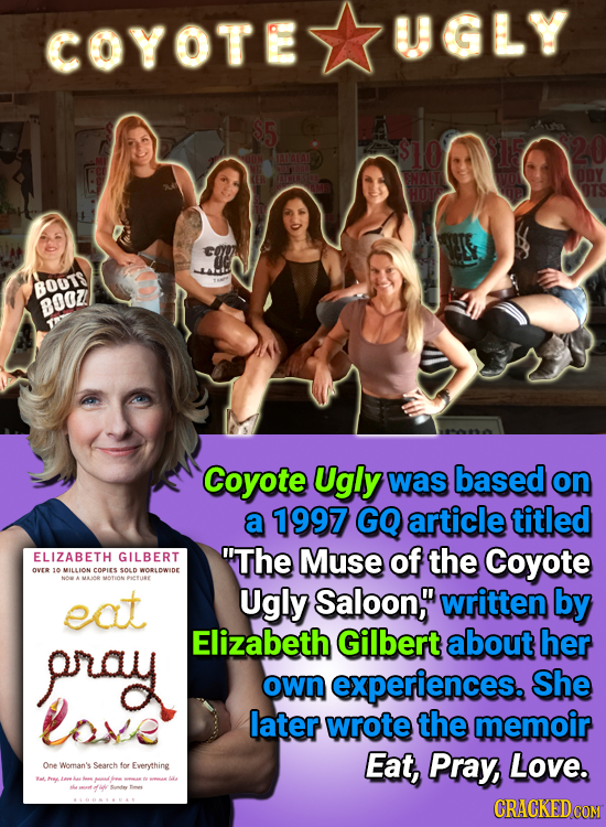 COYOTE UGLY $5 10 MATA 1306 ENALT CO BOUTS BOOZL Coyote Ugly was based on a 1997 GQ article titled ELIZABETH GILBERT The Muse of the Coyote OVER 10 M