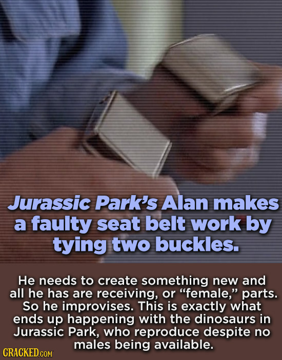 Jurassic Park's Alan makes a faulty seat belt work by tying two buckles. He needs to create something new and all he has are receiving, or female, p