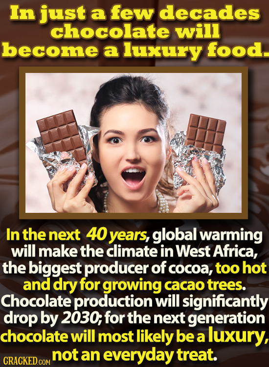In just a few decades chocolate will become a luxury food. In the next 40 years, global warming will make the climate in West Africa, the biggest prod