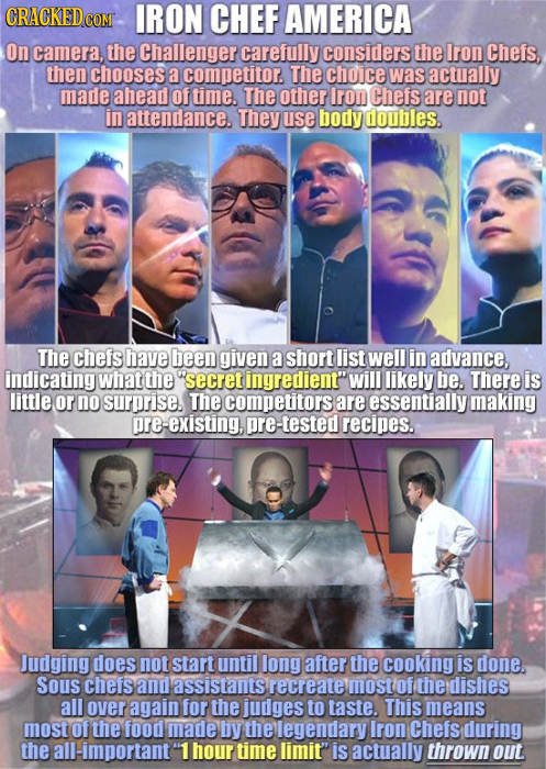 CRACKEDCON IRON CHEF AMERICA On camera, the Challenger carefully considers the Iron Chefs, then chooses a competitor The choice was actually made ahea