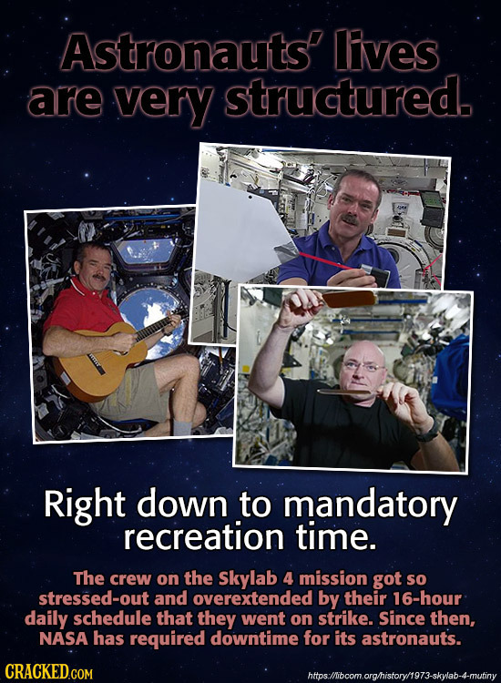 Astronauts' lives are very structured. Right down to mandatory recreation time. The crew on the Skylab 4 mission got So stressed-out and overextended