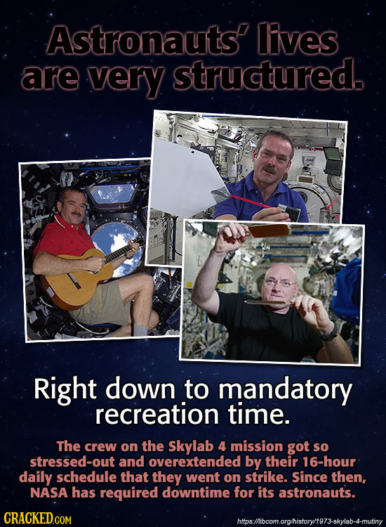 Astronauts' lives are very structured. Right down to mandatory recreation time. The crew on the Skylab 4 mission got So stressed-out and overextended 