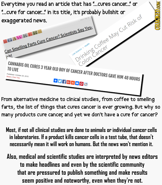 Everytime you read an article that has!. ..cures cancer..!' or ...cure for cancer.. in its title, it's probably bullshit or exaggerated news. Risk