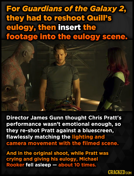 For Guardians of the Galaxy 2, they had to reshoot Quill's eulogy, then insert the footage into the eulogy scene. Director James Gunn thought Chris Pr
