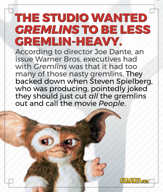 THE STUDIO WANTED GREMLINS TO BE LESS GREMLIN-HEAVY. According to director Joe Dante, an issue Warner Bros. executives had with Gremlins was that it h