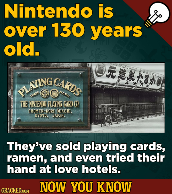 Nintendo is over 130 years old. ON M*X101 PLTINGCARDS MARK TRADE THE NNIENDO PLANG CARD 0 SHOMENDORI OHASHI. KYOTO, JAPAN, They've sold playing cards,