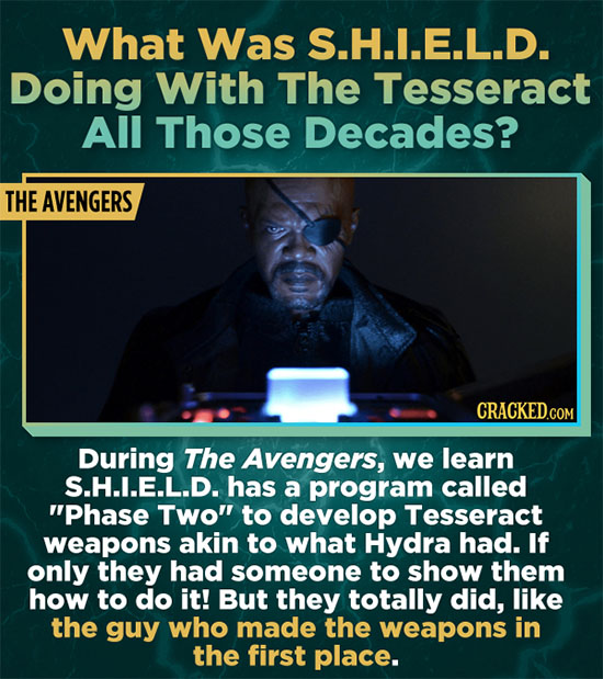 What Was S.H.L.E.L.D. Doing With The Tesseract All Those Decades? THE AVENGERS During The Avengers, we learn S.H.I.E.L.D. has a program called Phase