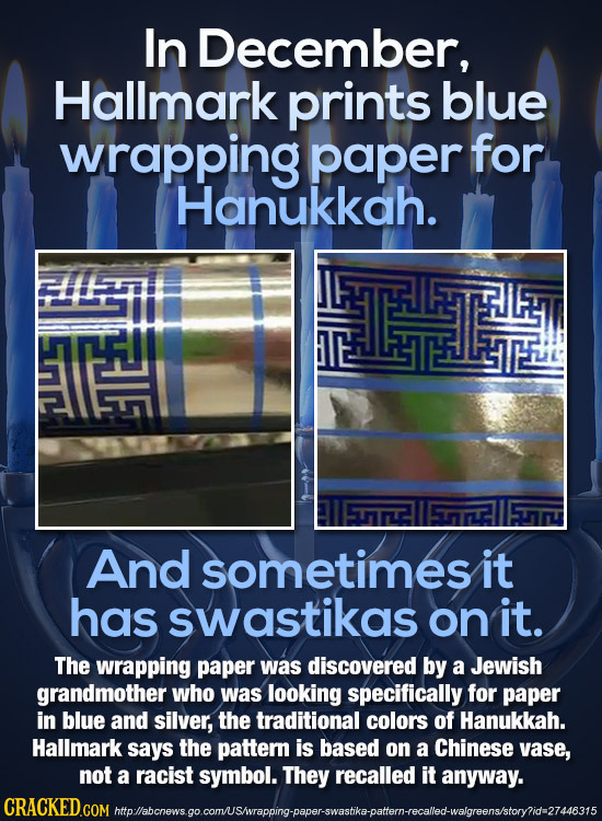 In December, Hallmark prints blue wrapping paper for Hanukkah. LF And sometimes it has swastikas on it. The wrapping paper was discovered by a Jewish