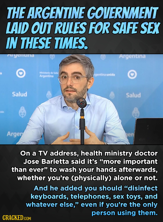 THE ARGENTINE GOVERNMENT LAID OUT RULES FOR SAFE SEX IN THESE TIMES. 1YELIIC Argentina ol oalaas Argentinsa rpenti Salud Salud Arger On a TV address,