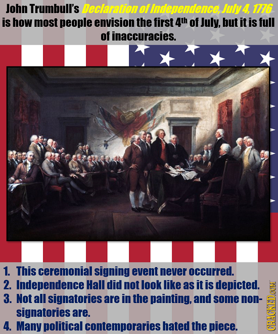 John Trumbull's Declaration ofIndependence,. July4, 1776 is how most people envision the first 4th of July, but it is full of inaccuracies. 1. This ce