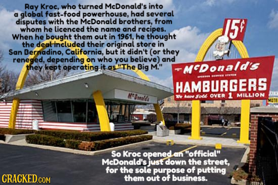 Ray Kroc, who turned McDonald's into a global fast-food powerhouse, had several disputes with the McDonald brothers. from 5 whom he licenced the name
