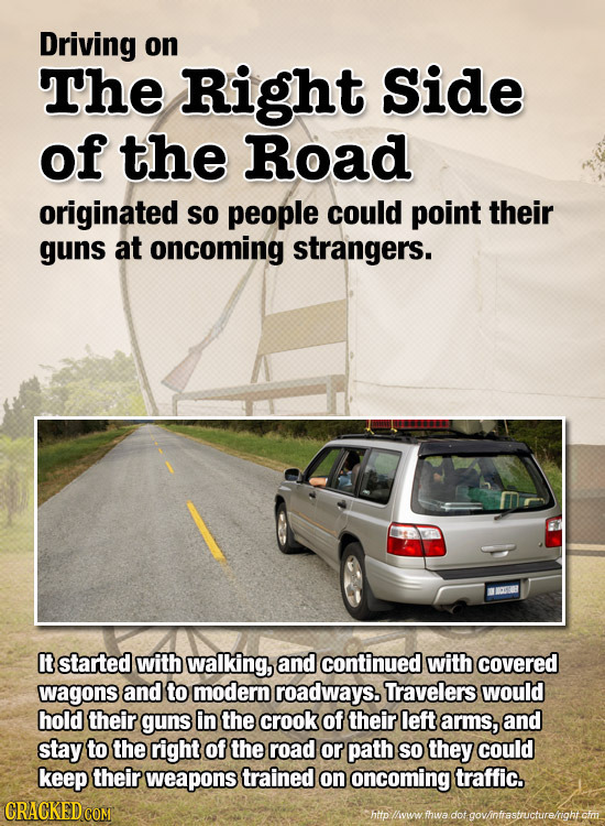 Driving on The Right Side of the Road originated so people could point their guns at oncoming strangers. It started with walking, and continued with c