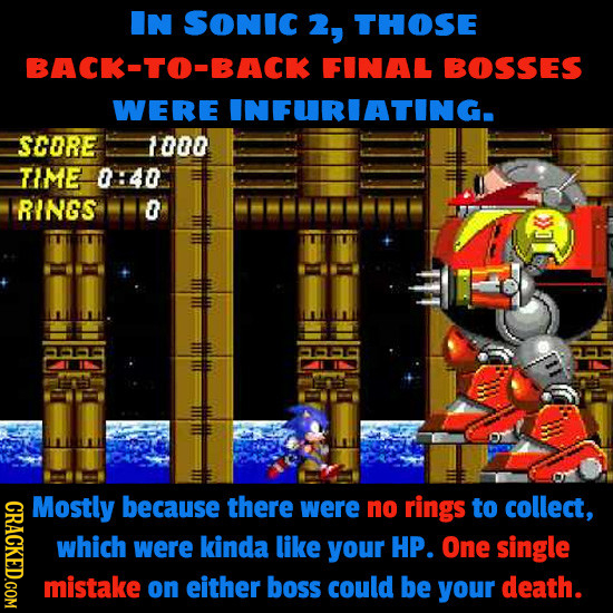 IN SONIC 2, THOSE BACK-TO-BACK FINAL BOSSES WERE INFURIATING. SCORE 1000 TIME 0140 RINGS 0 IC<< CRACKED.COM Mostly because there were no rings to coll