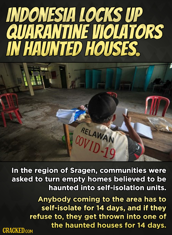 INDONESIA LOCKS UP QUARANTINE VIOLATORS IN HAUNTED HOUSES. RELAWAN COVID-19 In the region of Sragen, communities were asked to turn empty homes believ