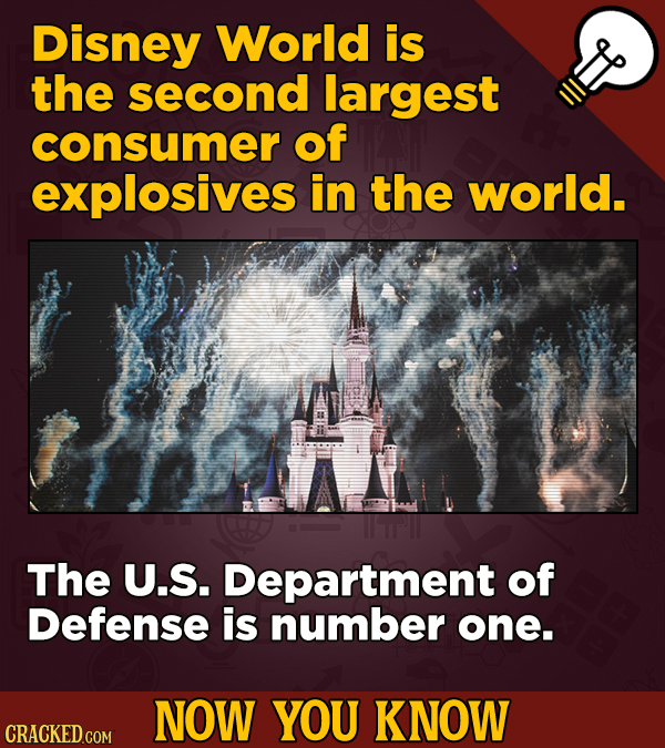 Disney World is the second largest consumer of explosives in the world. The U.S. Department of Defense is number one. NOW YOU KNOW CRACKED COM