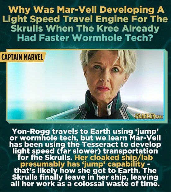 Why Was Mar-Vell Developing A Light Speed Travel Engine For The Skrulls When The Kree Already Had Faster Wormhole Tech? CAPTAIN MARVEL CRAGKED.COM Yon