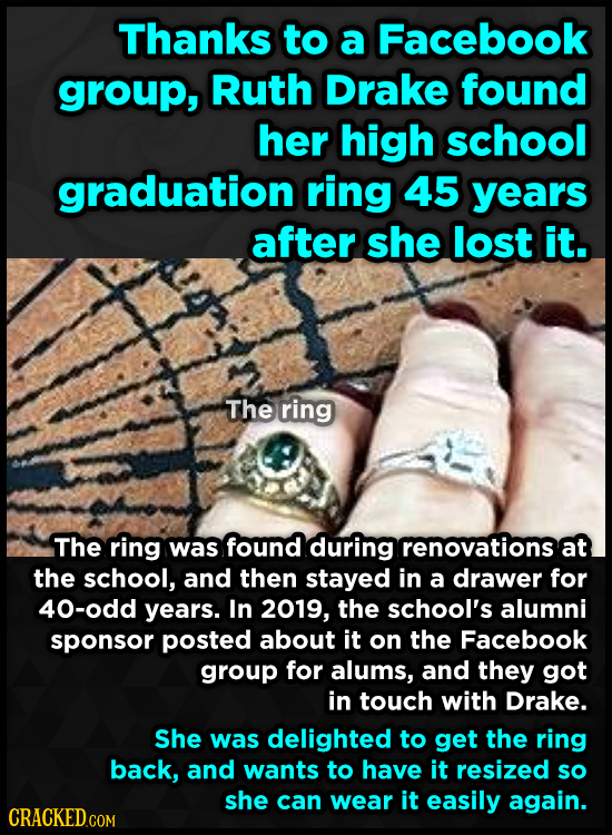 Thanks to a Facebook group, Ruth Drake found her high school graduation ring 45 years after she lost it. The ring The ring was found during renovation