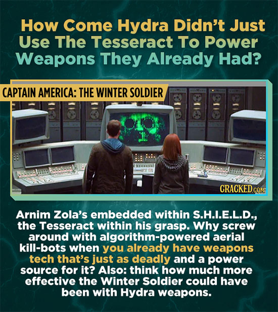 How Come Hydra Didn't Just Use The Tesseract To Power Weapons They Already Had? CAPTAIN AMERICA: THE WINTER SOLDIER CRACKEDCO Arnim Zola's embedded wi