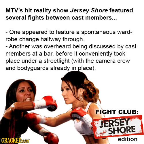 MTV'S hit reality show Jersey Shore featured several fights between cast members... - One appeared to feature a spontaneous ward- robe change halfway