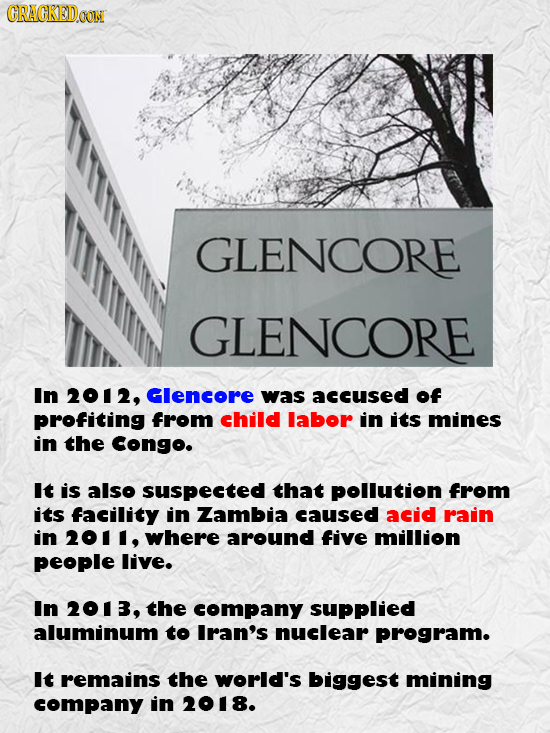 GRAGKEDa GLENCORE GLENCORE In 2012, Glencore was accused of profiting from child labor in its mines in the Congo. It is also suspected that pOLution f
