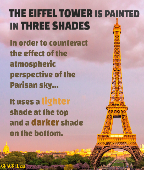 THE EIFFEL TOWER IS PAINTED IN THREE SHADES In order to counteract the effect of the atmospheric perspective of the Parisan sky... It lighter uses a s