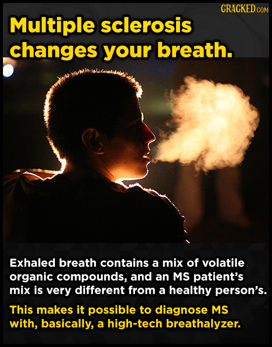 CRACKED ce Multiple sclerosis changes your breath. Exhaled breath contains a mix of volatile organic compounds, and an MS patient's mix is very differ