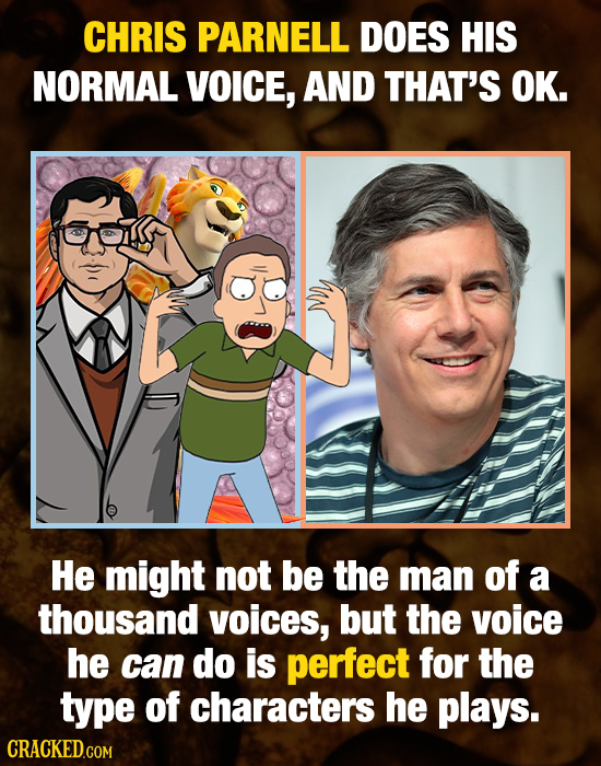 CHRIS PARNELL DOES HIS NORMAL VOIce, AND THAT'S OK. He might not be the man of a thousand voices, but the voice he can do is perfect for the type of c
