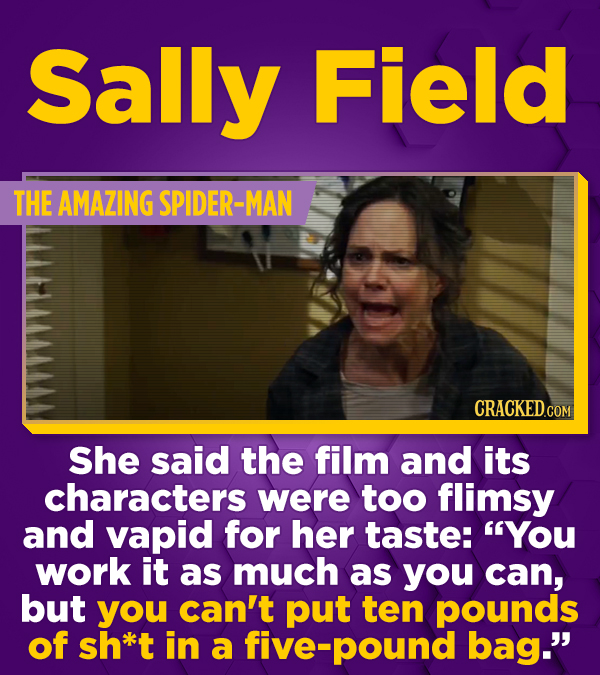 Sally Field THE AMAZING SPIDER-MAN CRACKED.COM She said the film and its characters were too flimsy and vapid for her taste: YOu work it as much as y