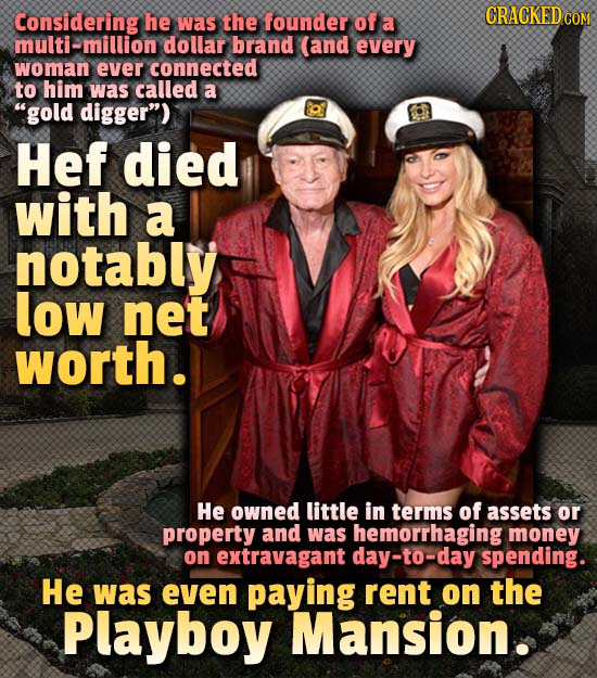 Considering he was the founder of a multi-million dollar brand (and every woman ever connected to him was called a 'gold digger) Hef died with a not