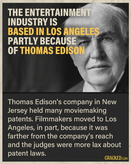 THE ENTERTAINMENT INDUSTRY IS BASED IN LOS ANGELES PARTLY BECAUSE OF THOMAS EDISON Thomas Edison's company in New Jersey held many moviemaking patents