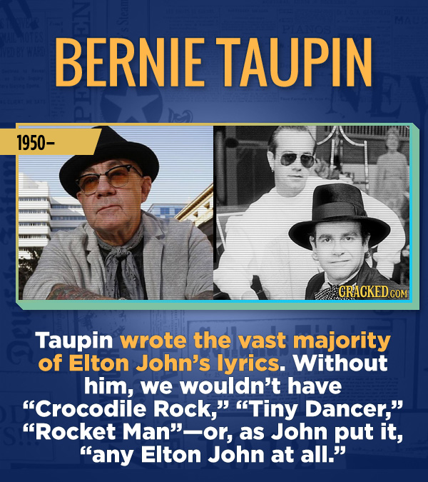 18 Amazing People Too Many Of Us Haven't Heard Of - Taupin wrote the vast majority of Elton John’s lyrics. Without him, we wouldn’t have “Crocodile Ro