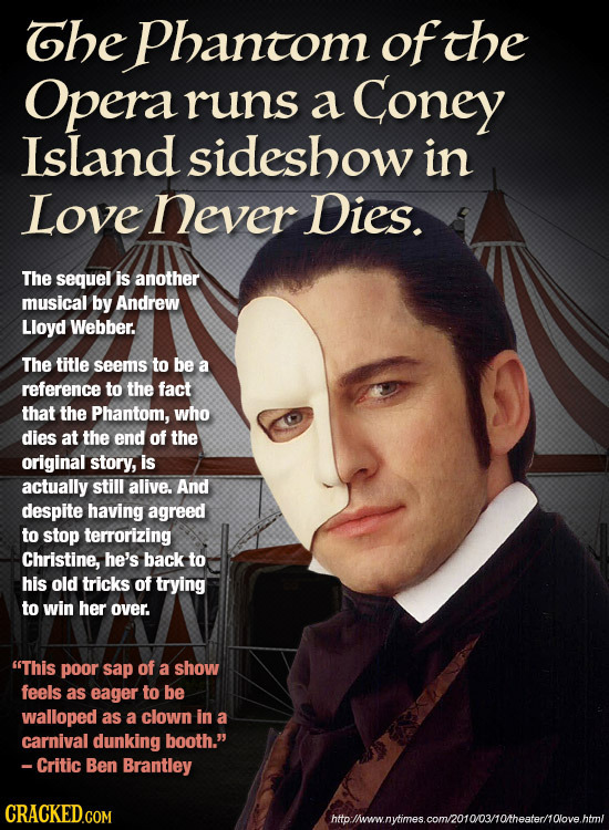 Ghe Phantom of the Opera runs a Coney Island sideshow in Love never Dies. The sequel is another musical by Andrew Lloyd Webber. The title seems to be