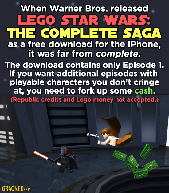 When Warner Bros. released LEGO STAR WARS: THE COMPLETE SAGA as a free download for the iPhone, it was far from complete. The download contains only E